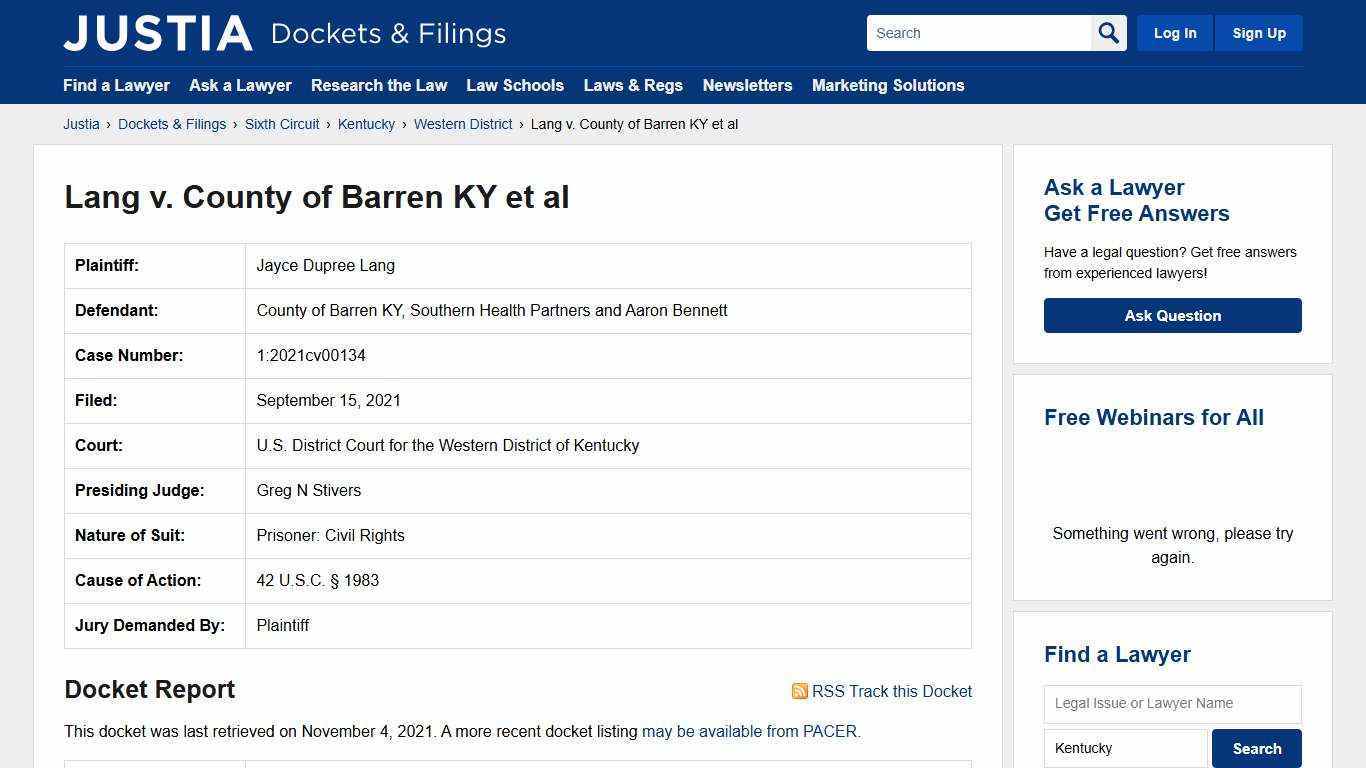 Lang v. County of Barren KY et al 1:2021cv00134 | U.S. District Court for the Western District of Kentucky | Justia